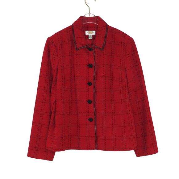 Talbots Vintage Red Tweed Plaid Blazer Jacket with Black Buttons Large Retro - Picture 3 of 7